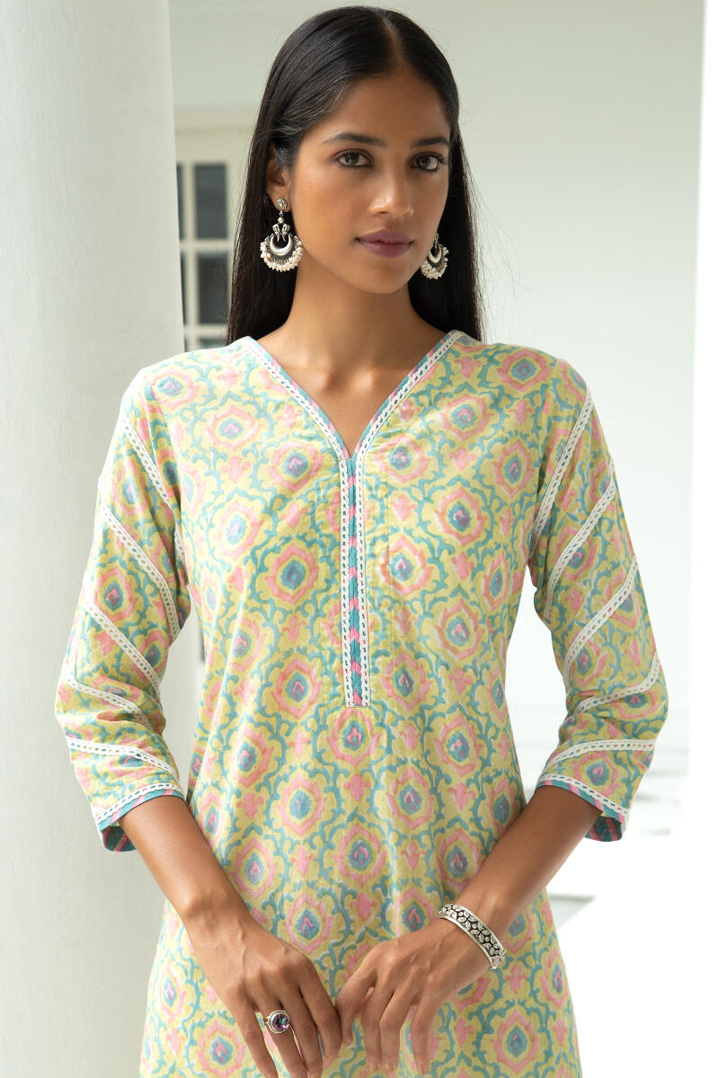 Green Block Printed Straight Cotton Kurta