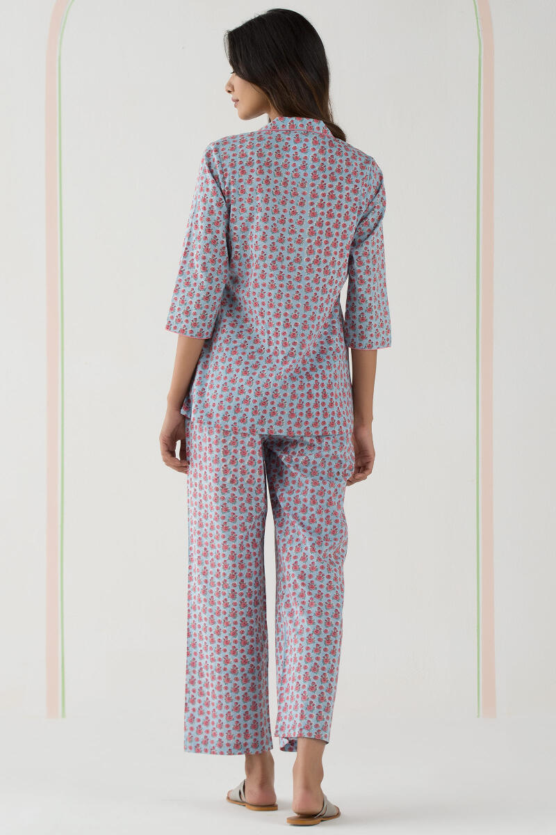 Blue Block Printed Cotton Pyjama Set