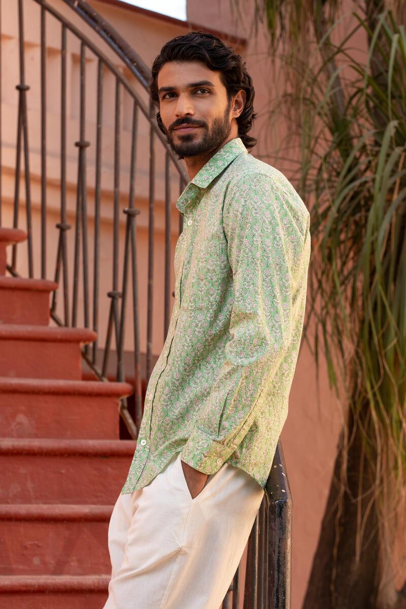 Green Block Printed Cotton Shirt