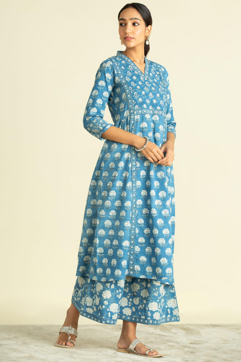 Indigo Block Printed A-Line Cotton Kurta