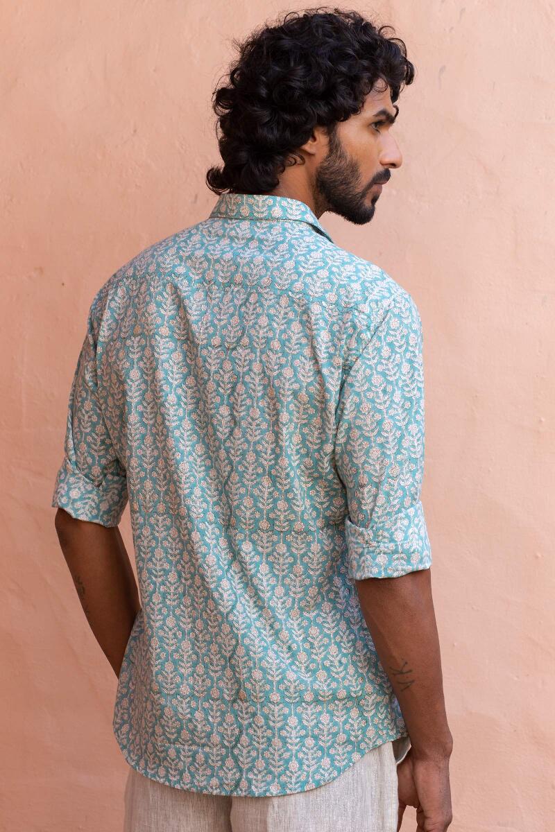 Blue Block Printed Cotton Shirt