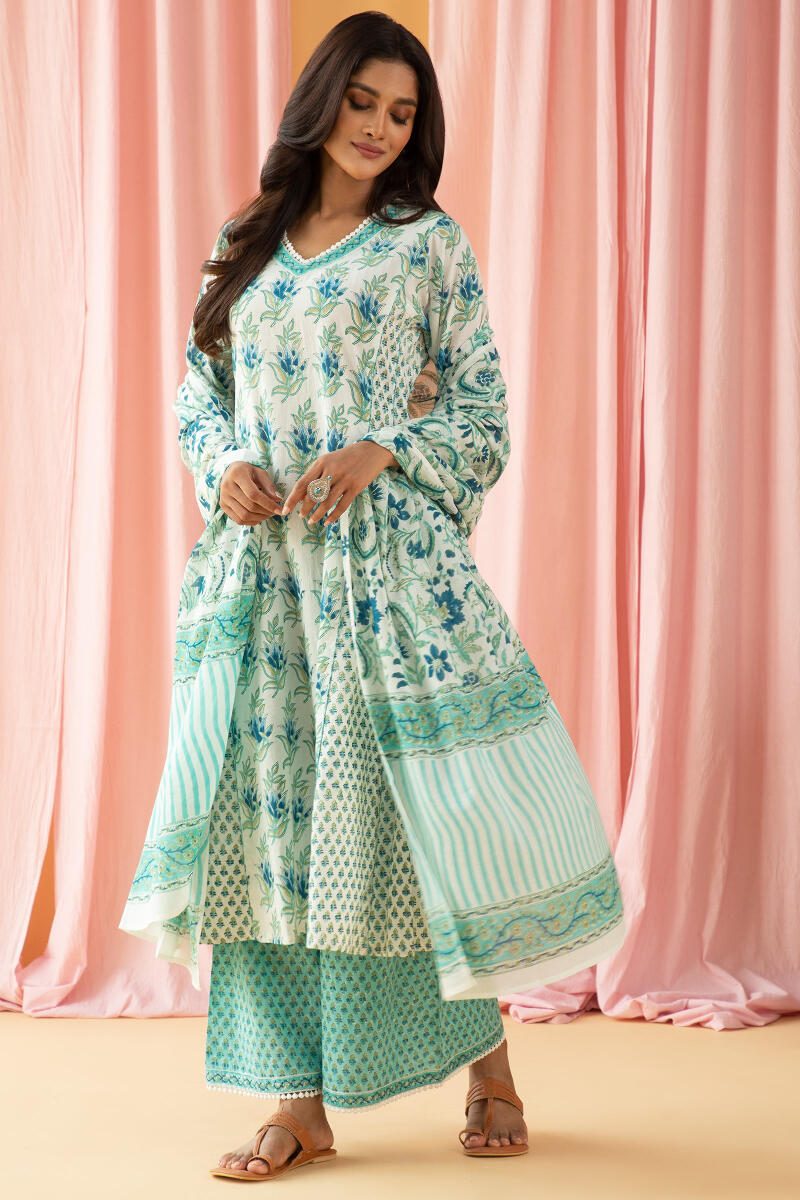 Turquoise Block Printed Cotton Palazzo