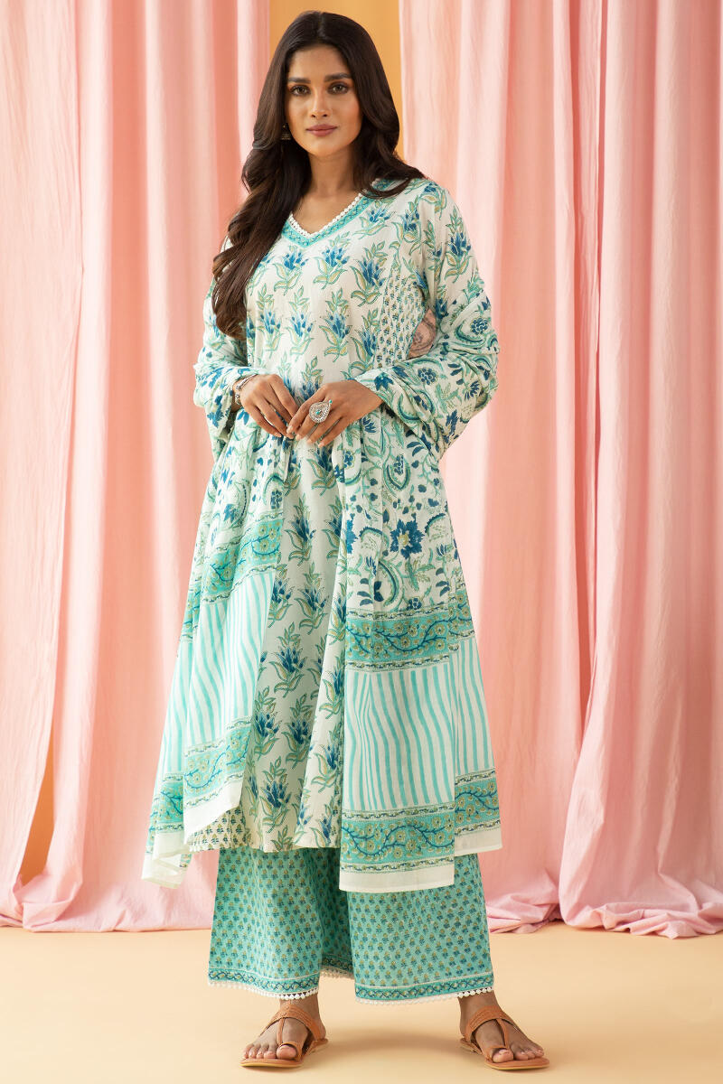 Turquoise Block Printed Cotton Dupatta