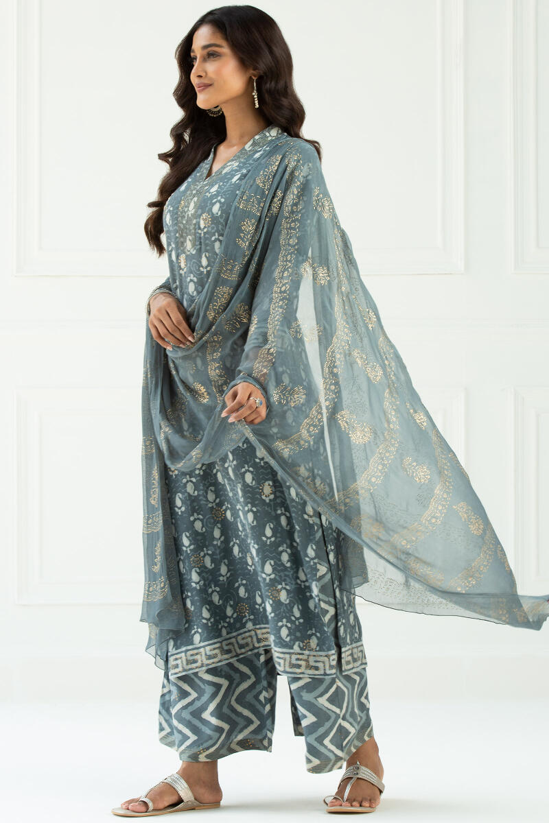 Grey Handcrafted Chiffon Dupatta