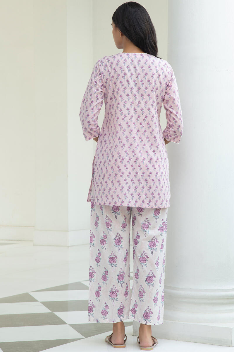 Purple Block Printed Cotton Pyjama Set