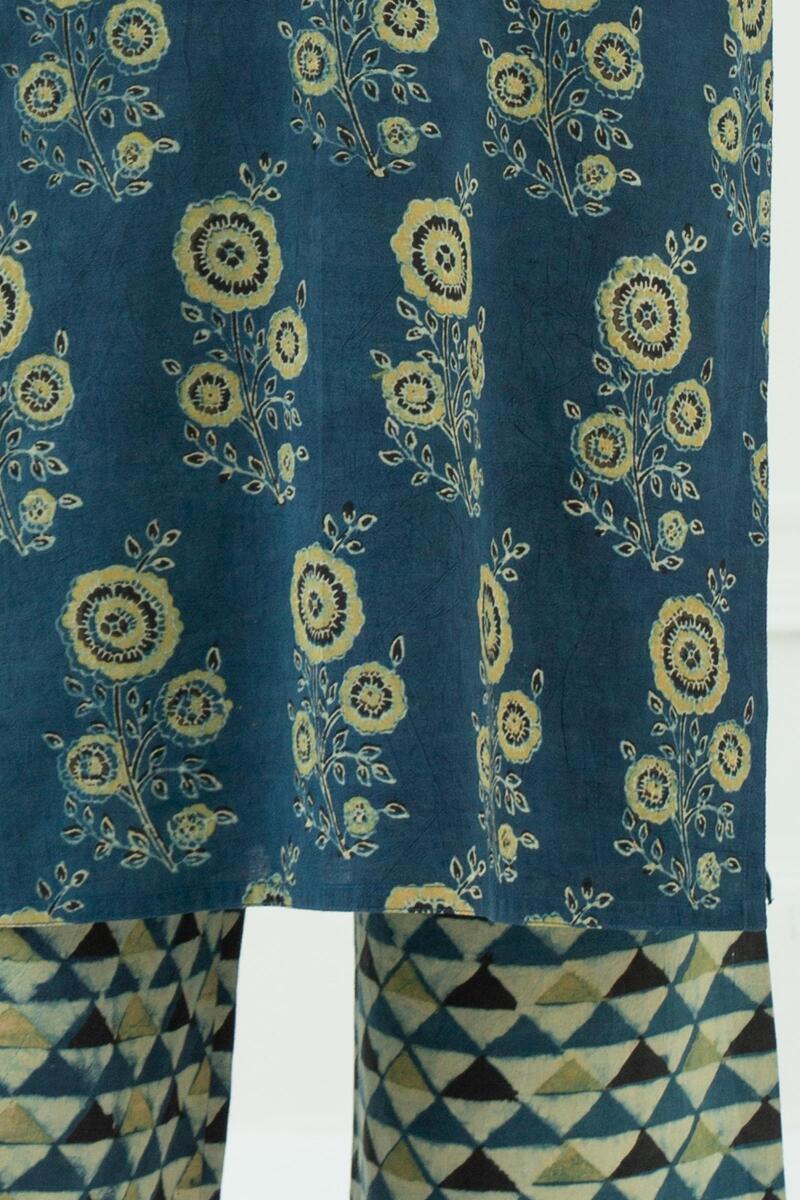 Blue Block Printed Straight Cotton Kurta