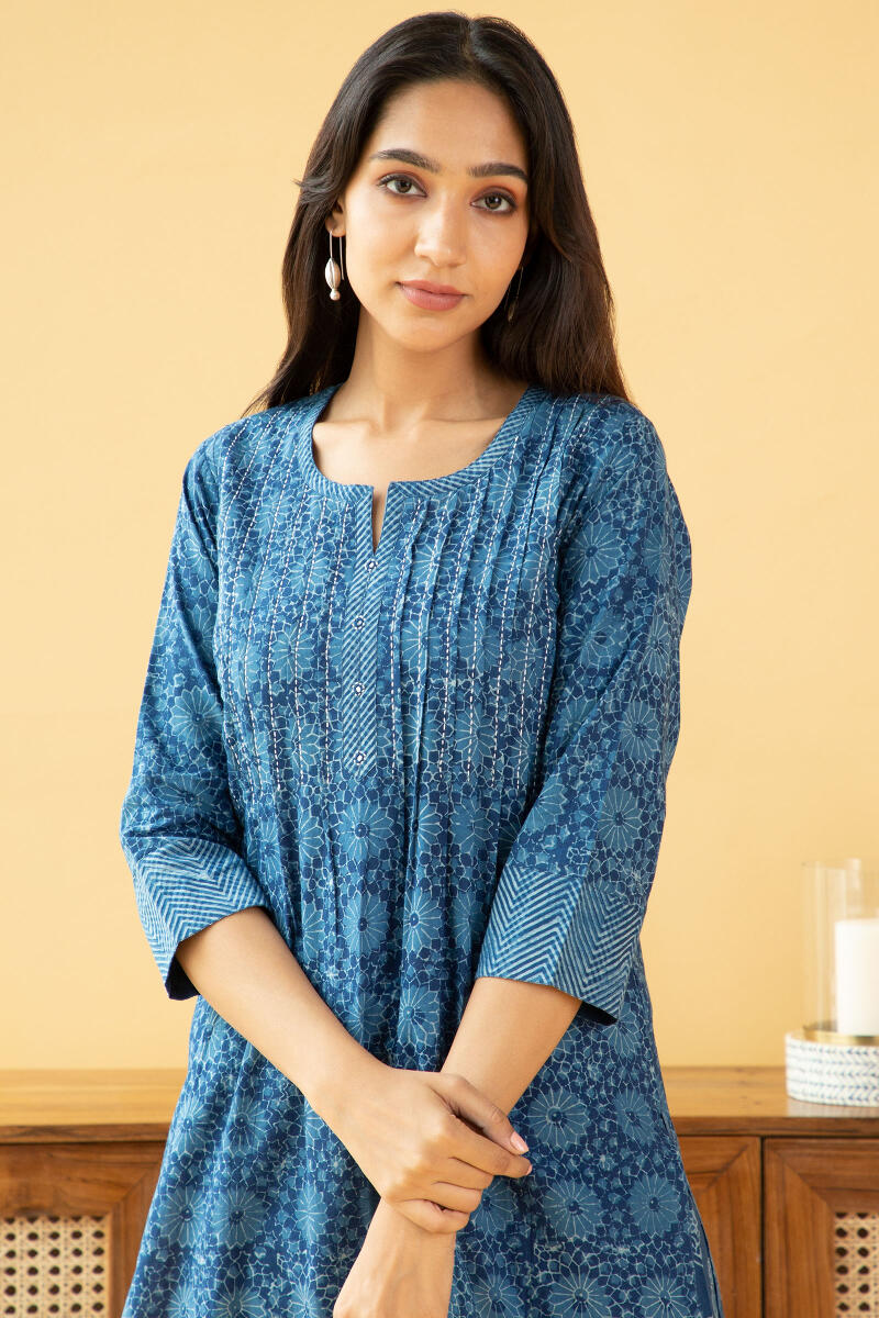 Indigo Block Printed Straight Cotton Kurta