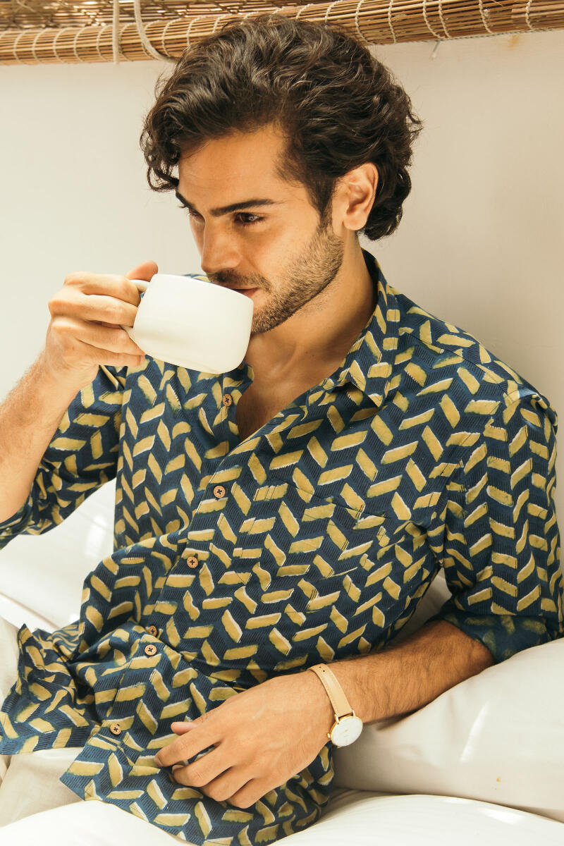 Indigo Block Printed Cotton Shirt