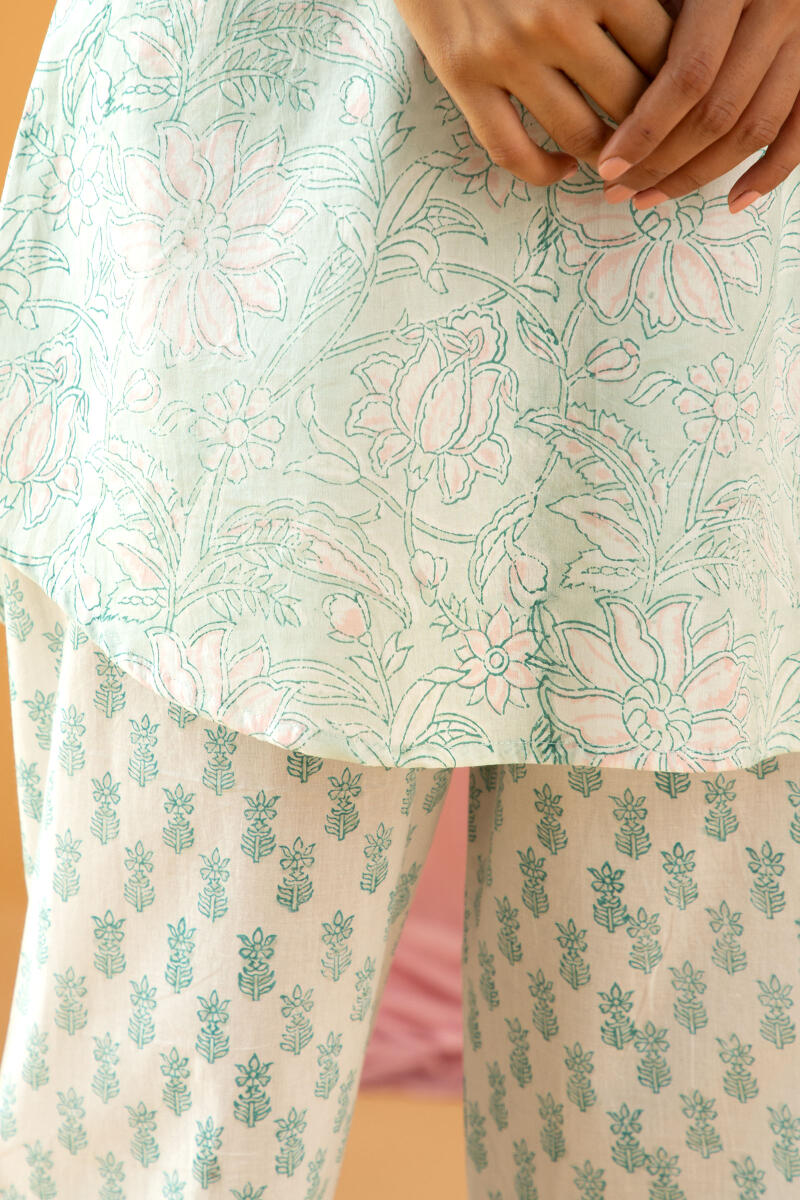 Green Block Printed Cotton Pyjama Set