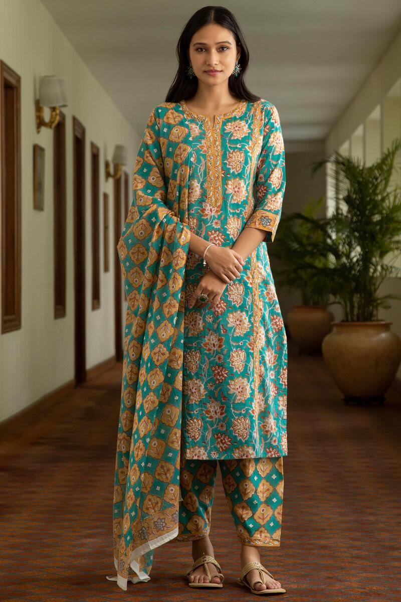 Turquoise Block Printed Straight Cotton Kurta