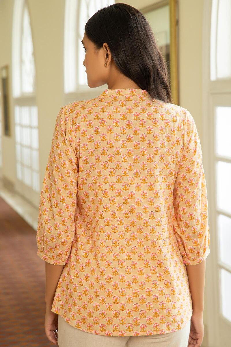 Beige Block Printed Cotton Dobby Top