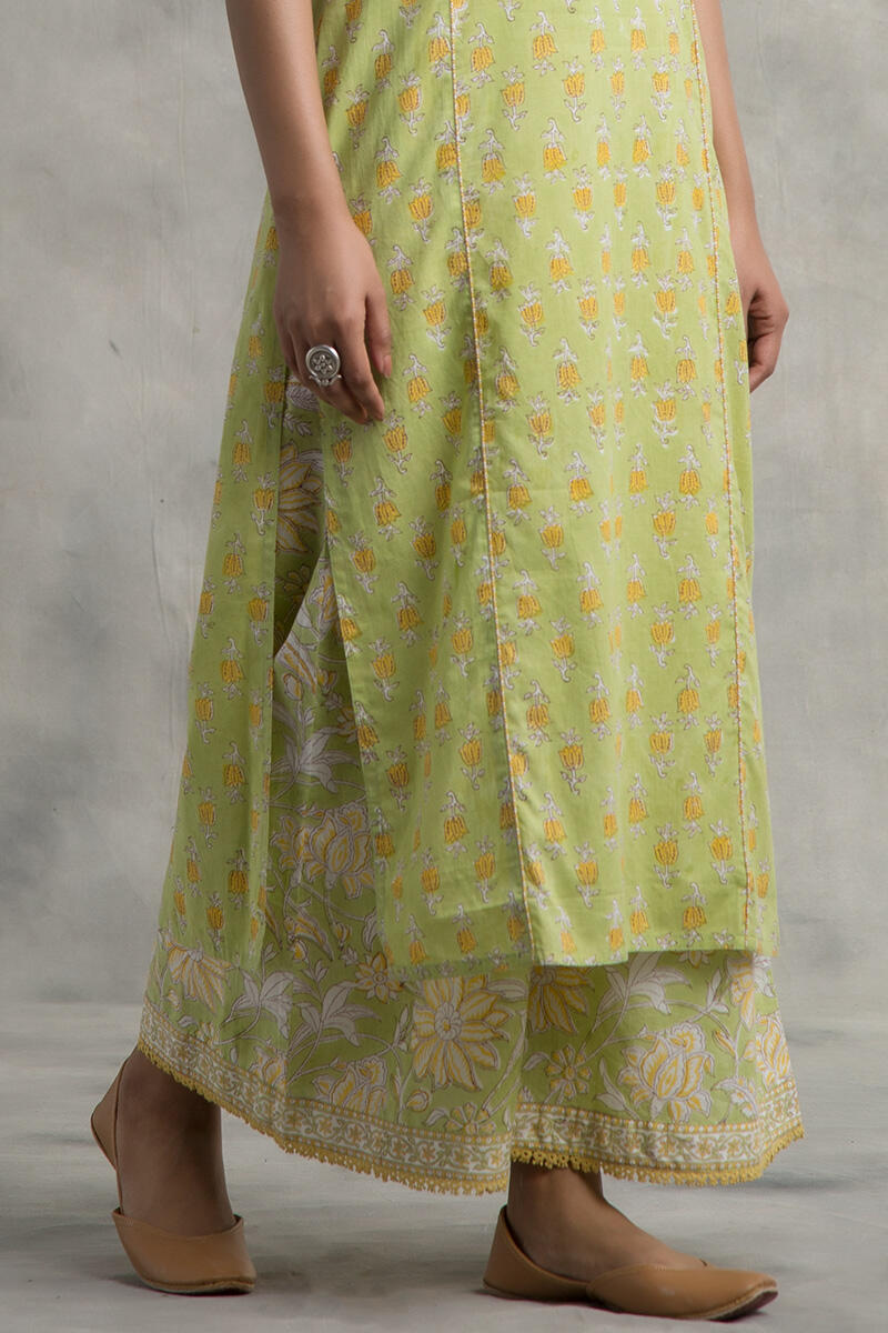 Green Block Printed Straight Cotton Kurta