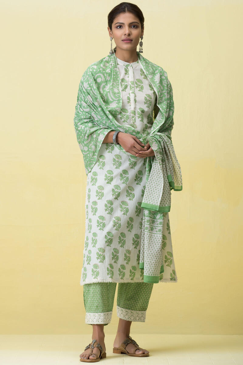 Green Block Printed Cotton Dupatta