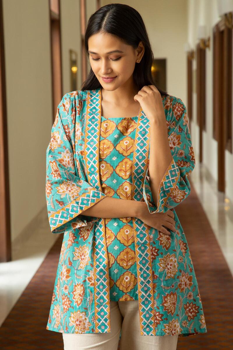 Turquoise Block Printed Cotton Kimono