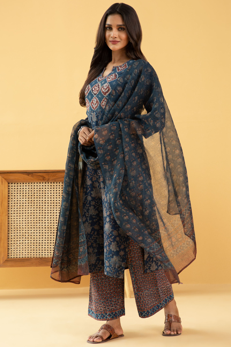 Indigo Akola Block Printed Straight Cotton Dobby Kurta