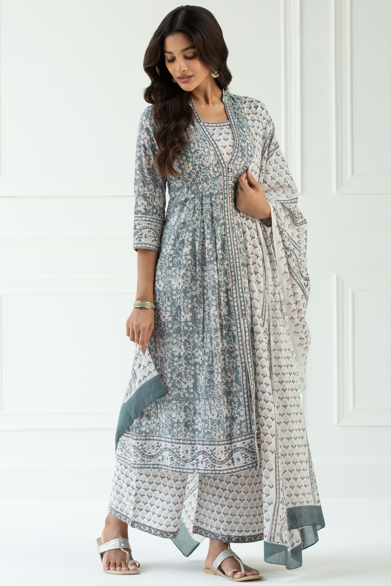 Grey Block Printed A-Line Cotton Kurta