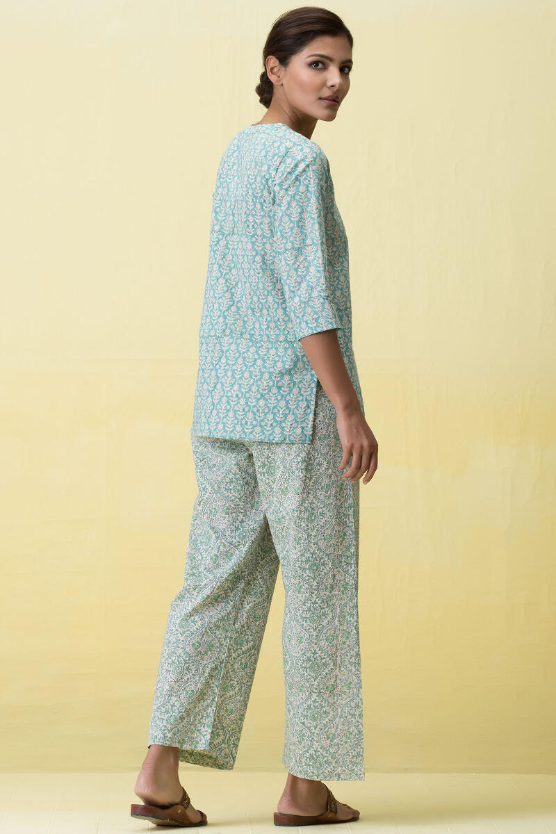 Blue Block Printed Cotton Pyjama Set