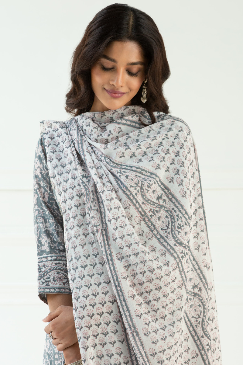 White Block Printed Cotton Dupatta