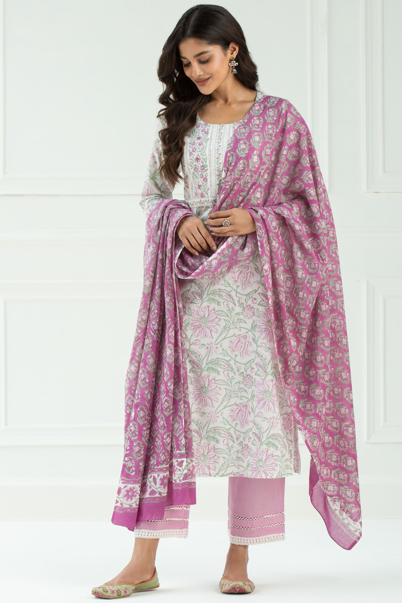 Pink Block Printed Cotton Dupatta