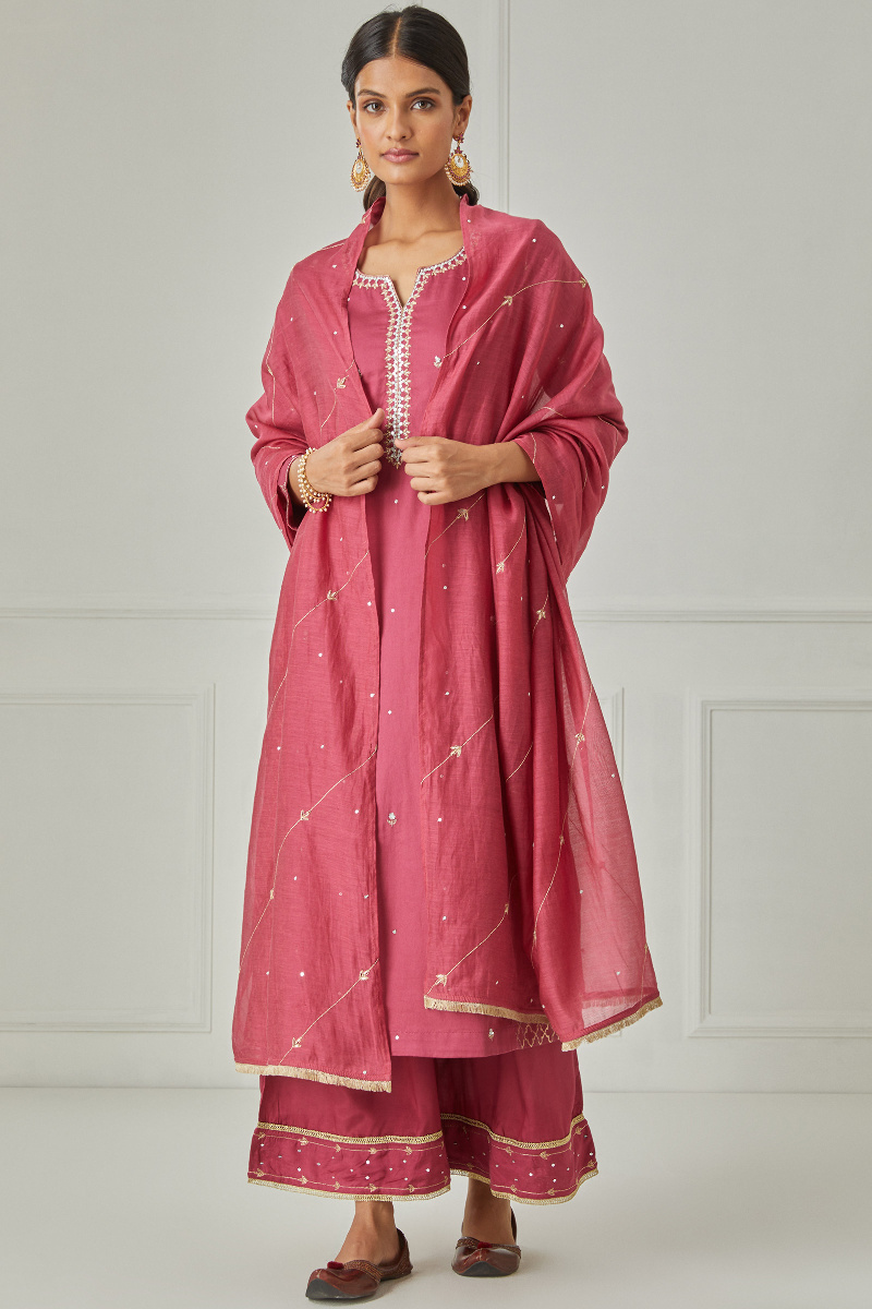 Red Handcrafted Straight Vegan Silk Kurta