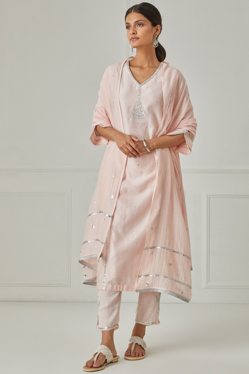 Pink Handcrafted Straight Chanderi Kurta