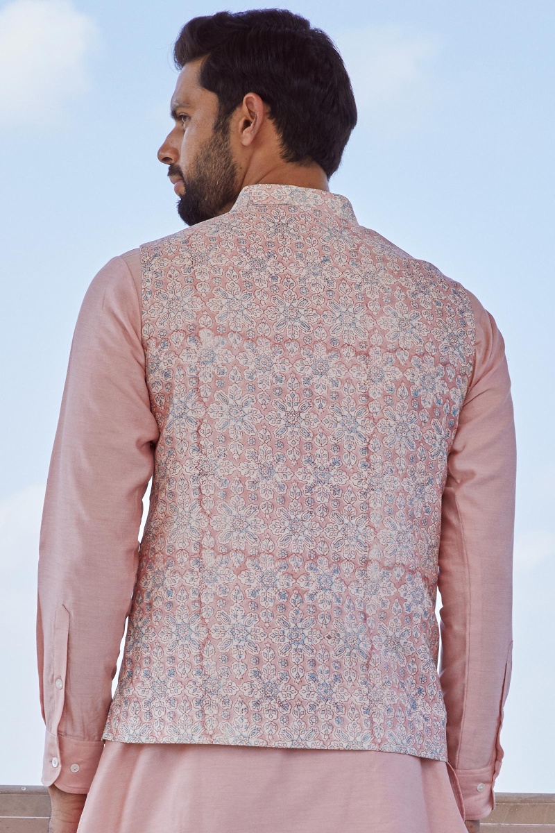 Peach Block Printed Chanderi Nehru Jacket