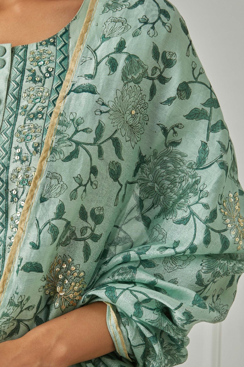 Green Block Printed Chanderi Dupatta