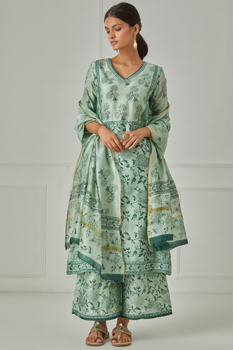 Green Block Printed Chanderi Palazzo