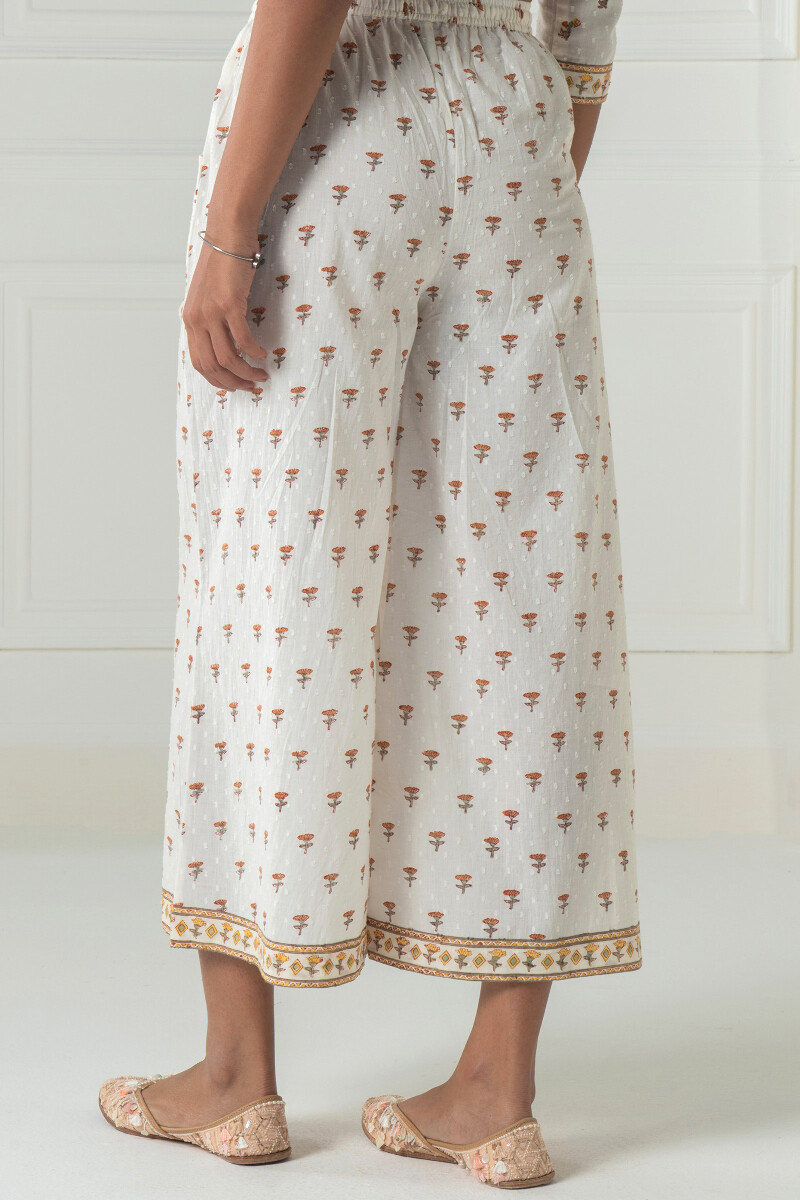 White Block Printed Cotton Dobby Palazzo