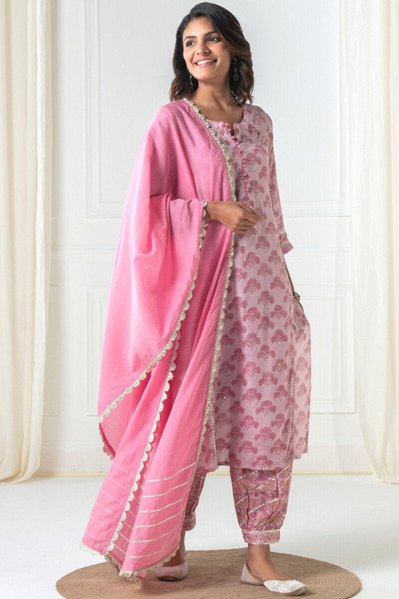 Pink Block Printed Straight Modal Kurta