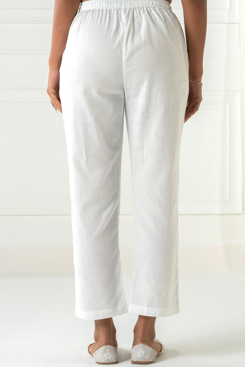 White Handcrafted Cotton Flex Pants