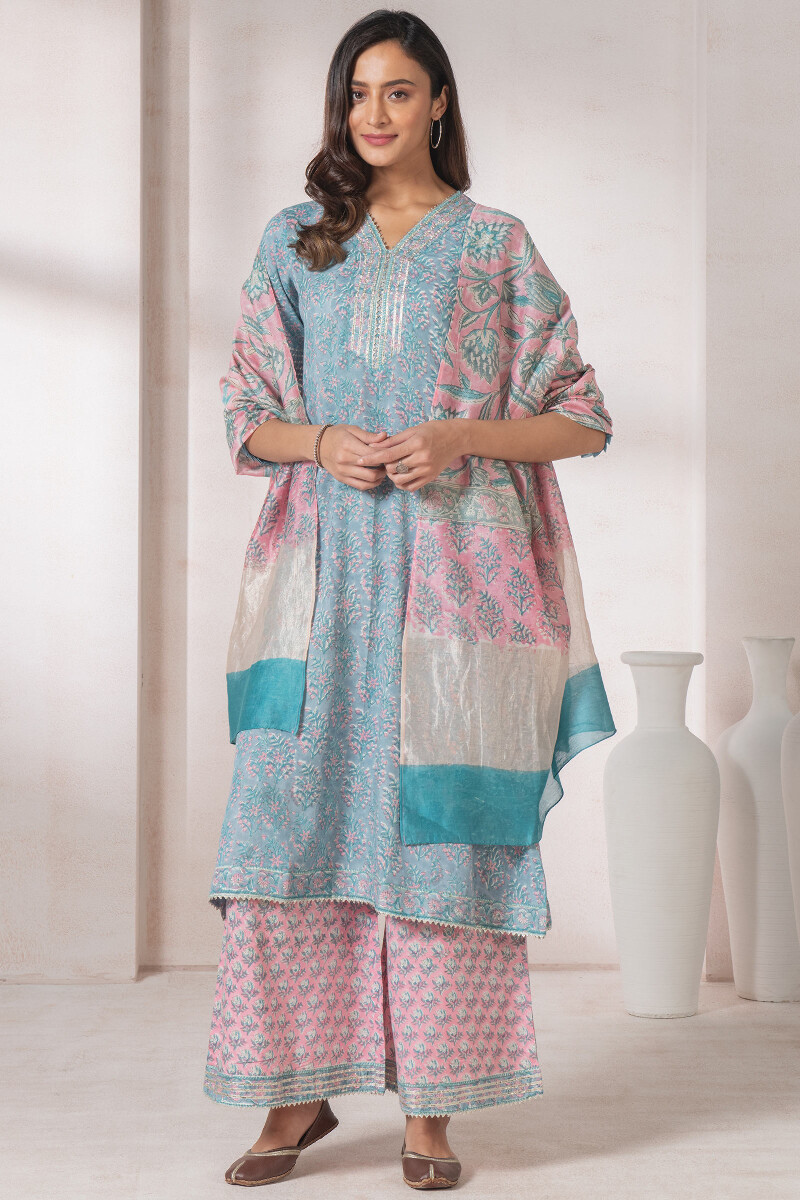 Turquoise Block Printed A-Line Modal Kurta