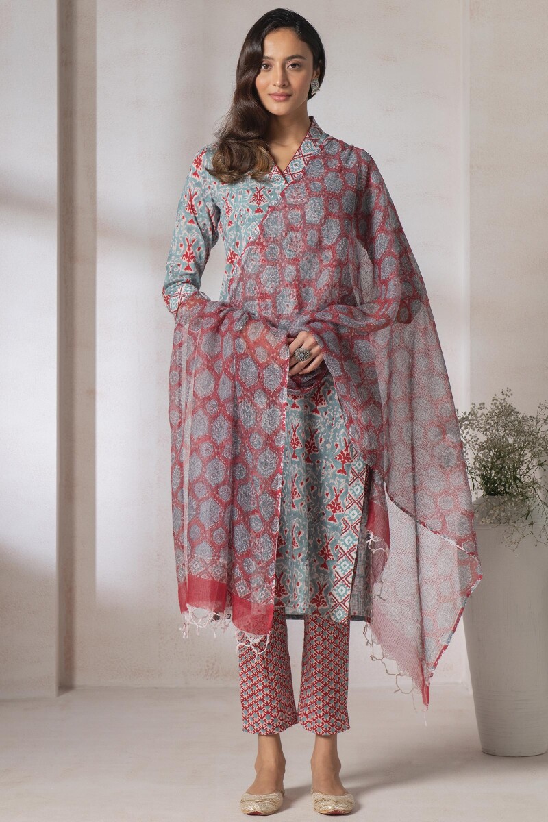 Turquoise Block Printed Straight Cotton Kurta