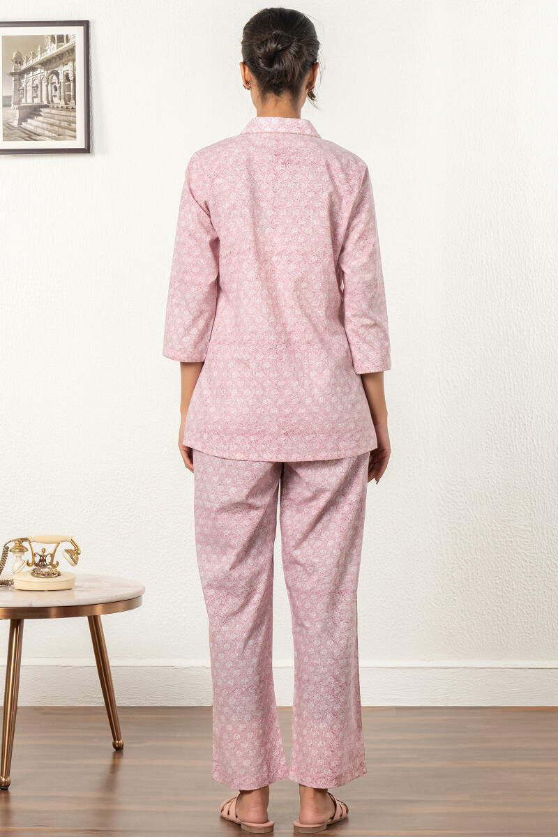 Pink Block Printed Cotton Pyjama Set