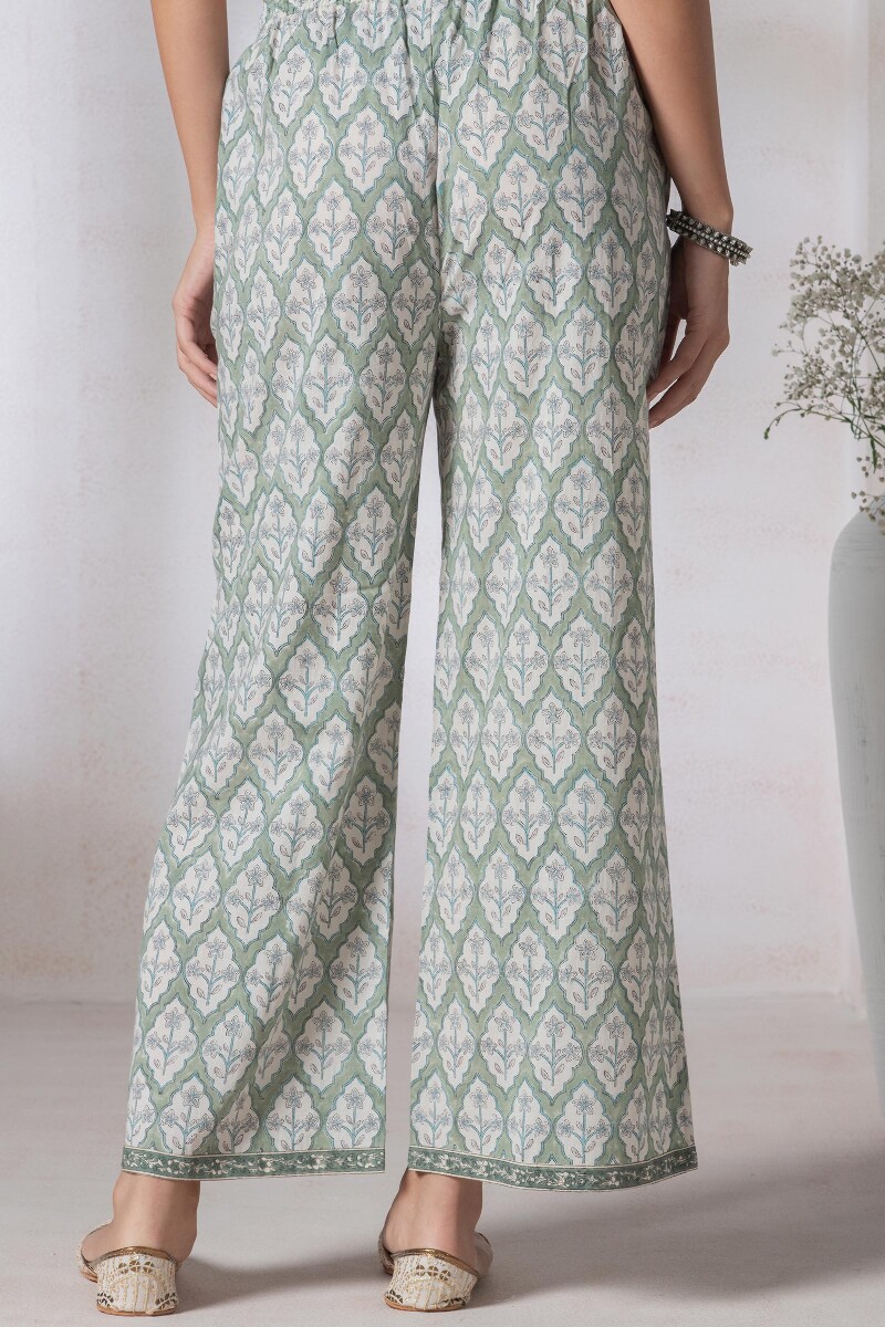 Green Block Printed Cotton Farsi Pants