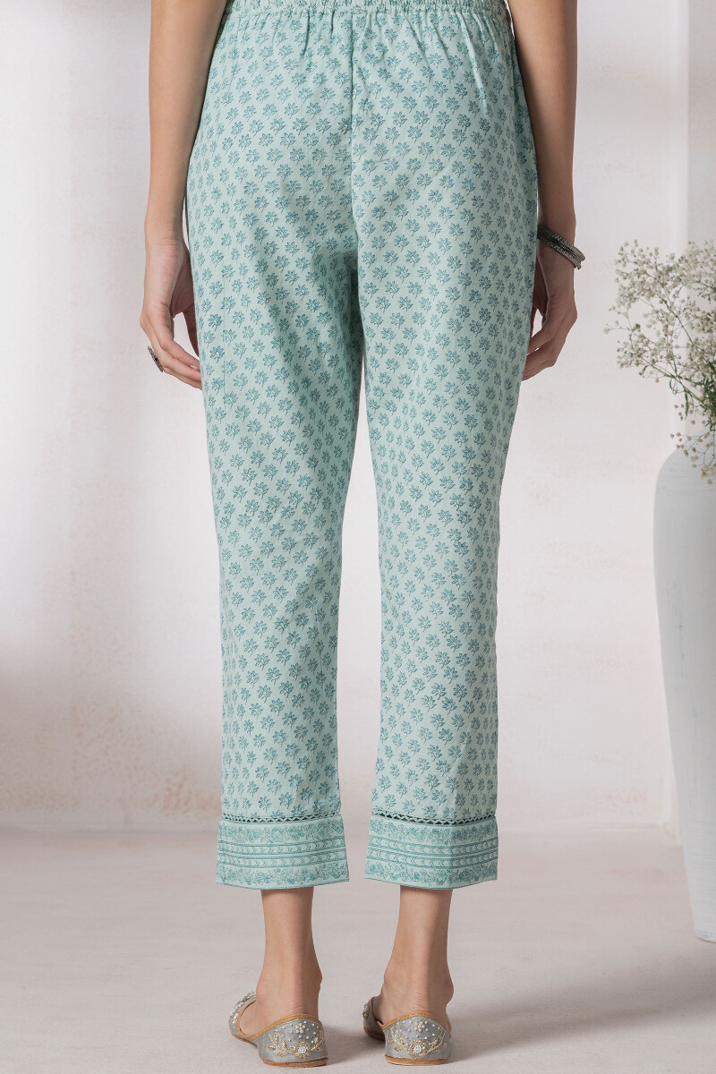 Blue Block Printed Cotton Flex Pants