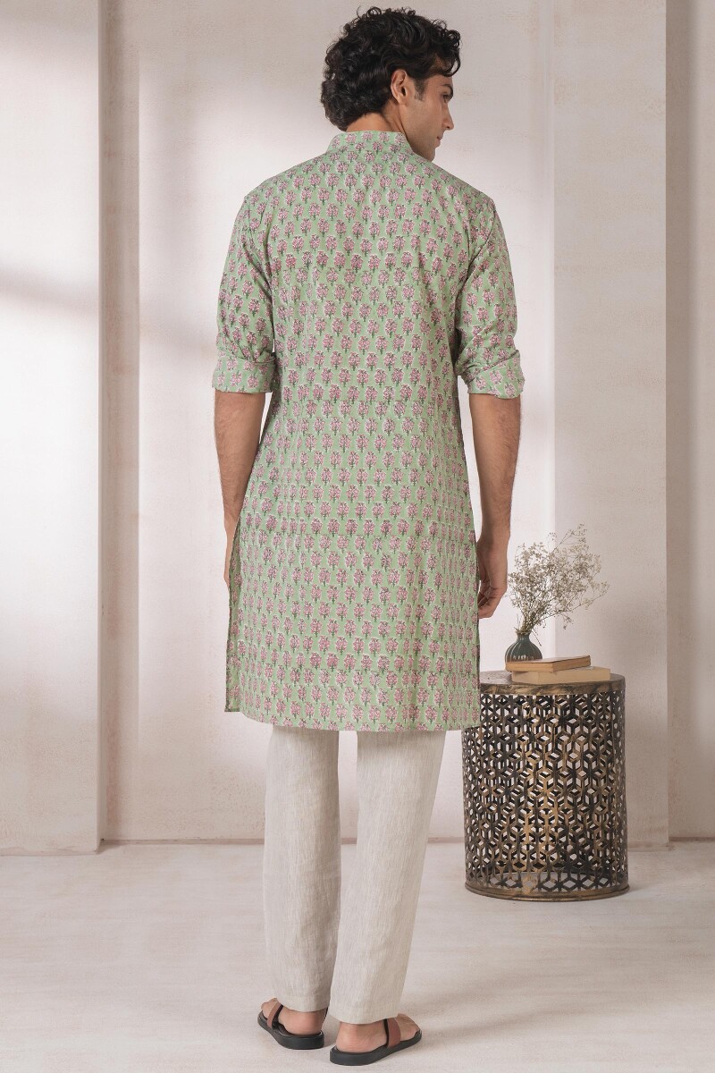 Green Block Printed Cotton Kurta