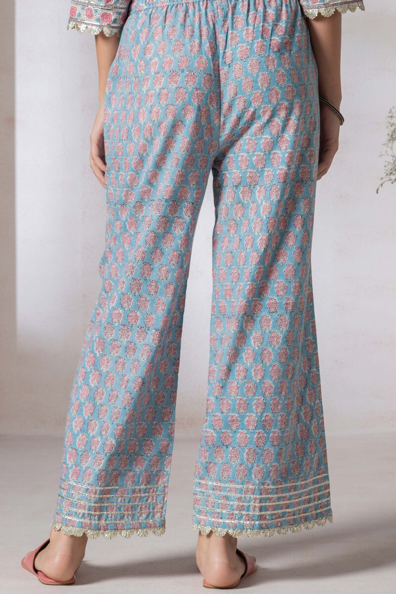 Blue Block Printed Cotton Farsi Pants