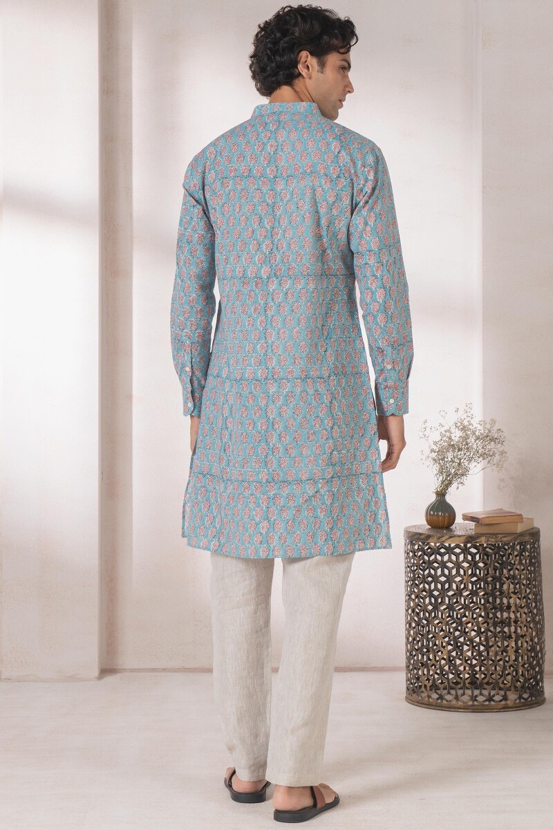 Blue Block Printed Cotton Kurta