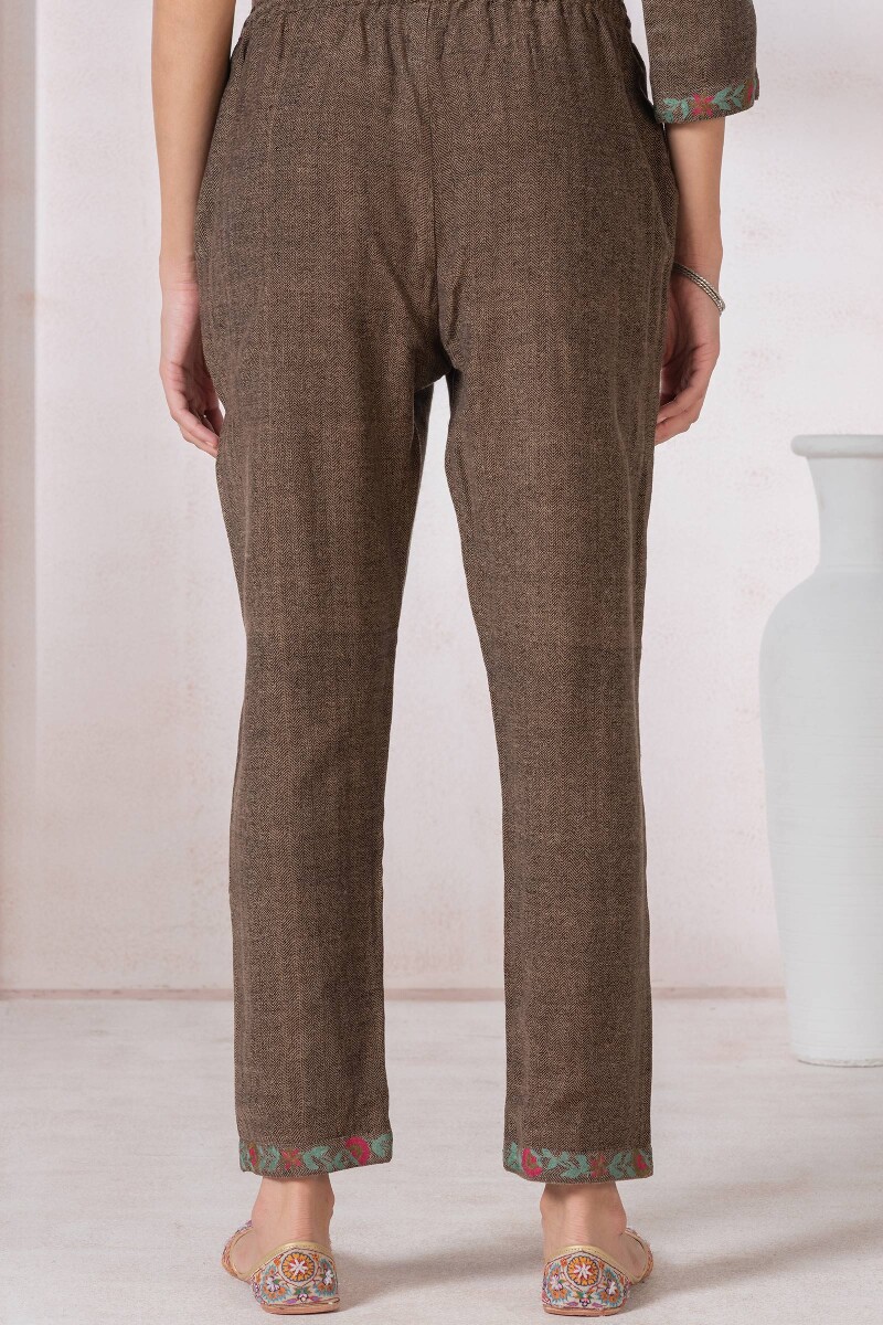 Brown Handcrafted Faux Wool Narrow Pants