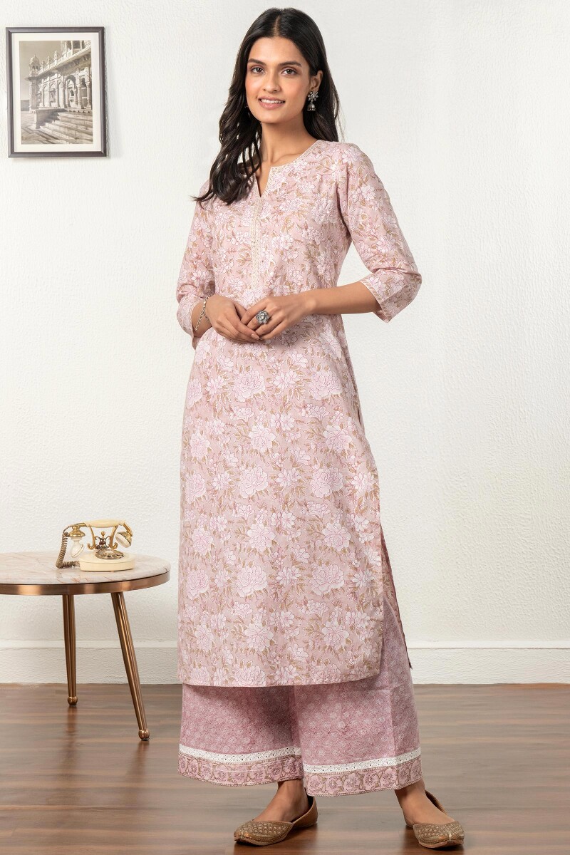 Pink Block Printed Straight Cotton Kurta