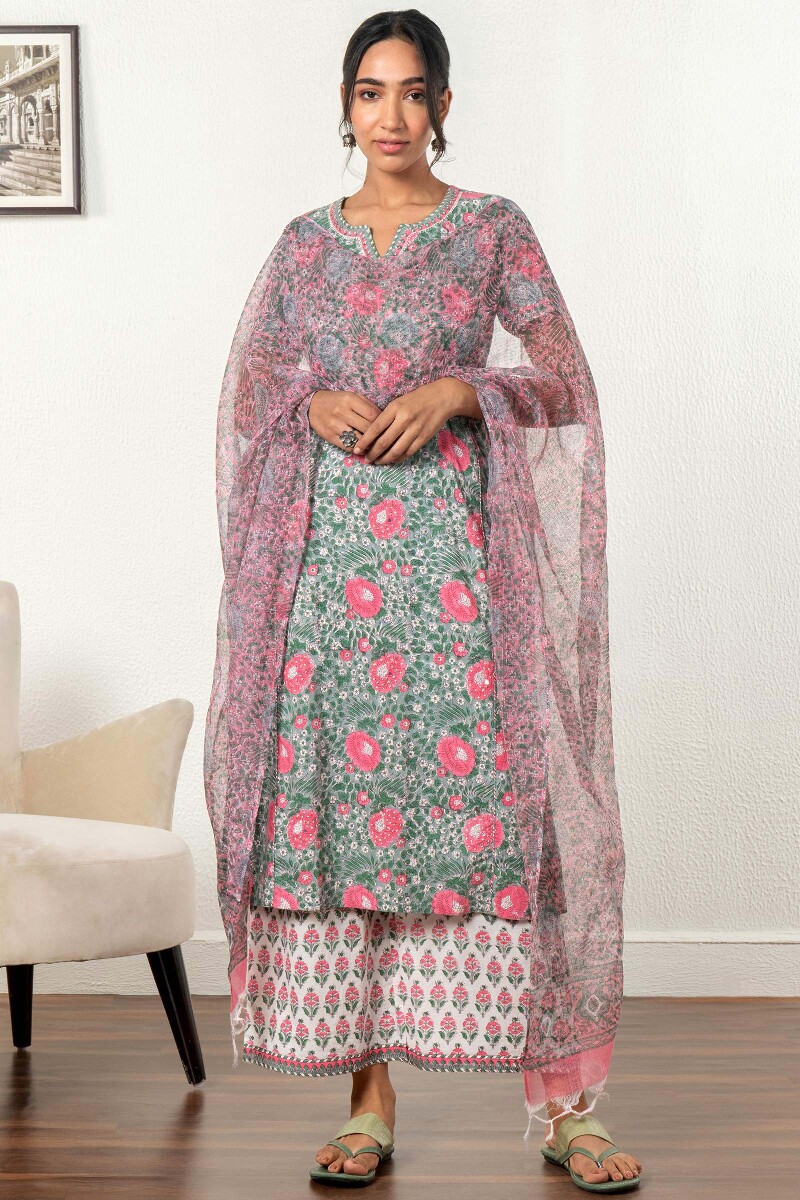 Grey Block Printed A-Line Cotton Kurta