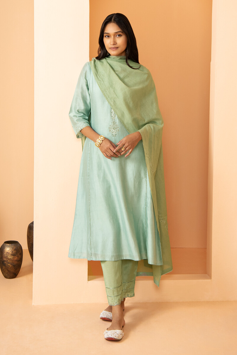 Blue Handcrafted A-Line Chanderi Kurta