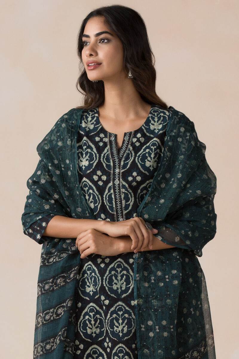 Black Block Printed Kota Dupatta