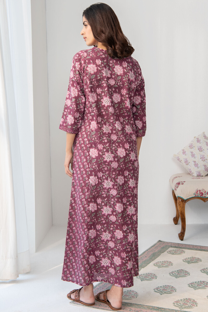 Purple Hand Block Printed Cotton Kaftan