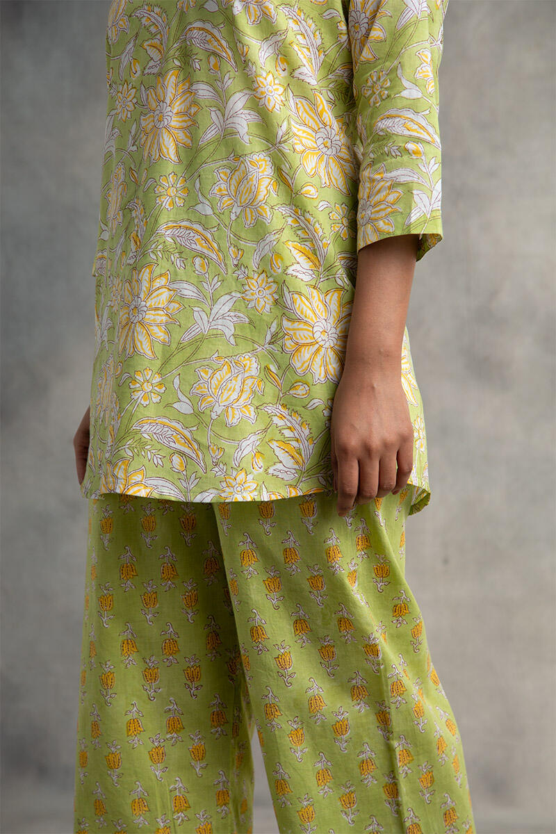 Green Block Printed Cotton Pyjama Set