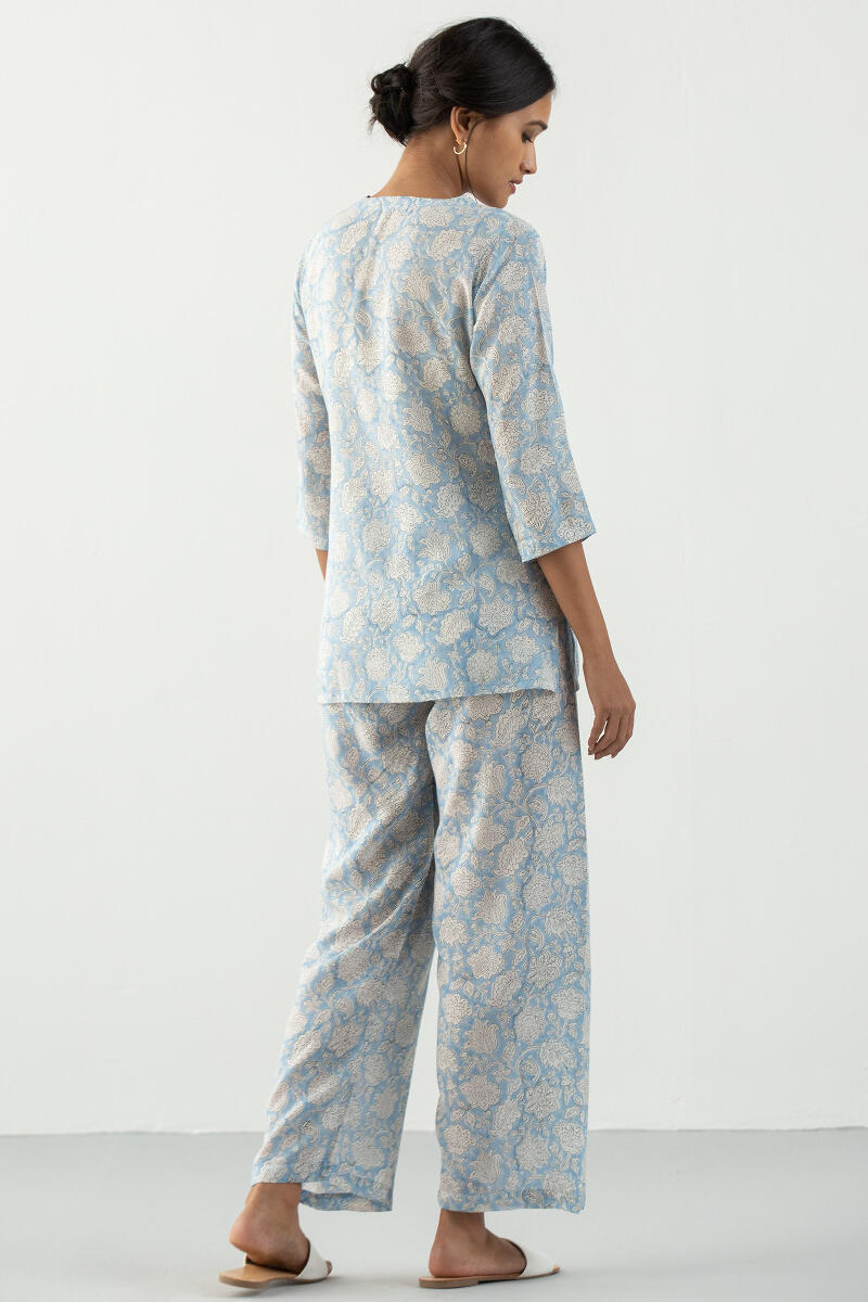 White Block Printed Cotton Modal Pyjama Set