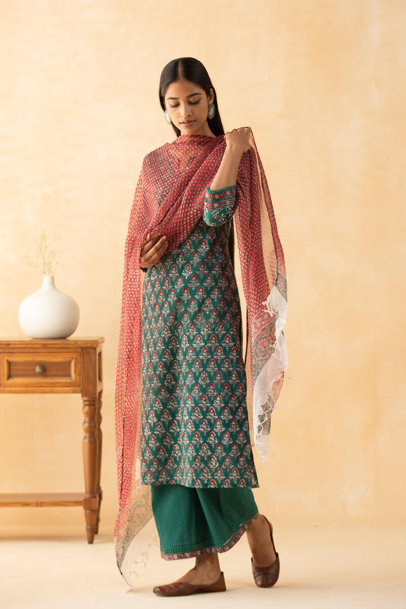 Green Block Printed Straight Cotton Kurta