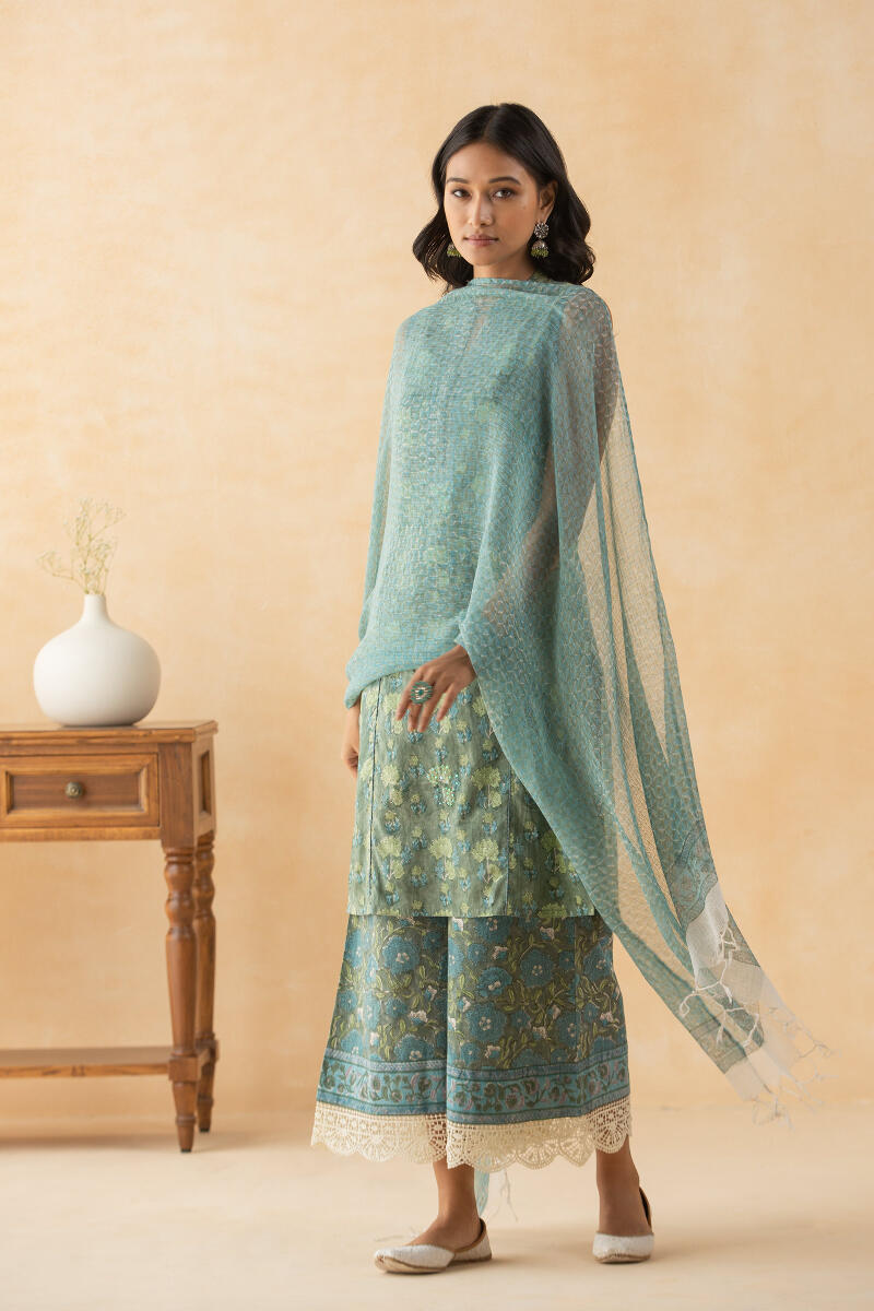 Blue Block Printed Kota Dupatta