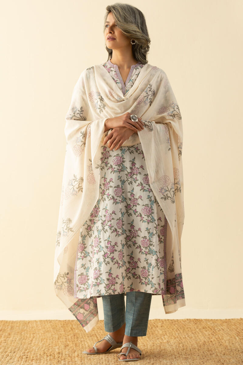 Off-White Block Printed Straight Cotton Kurta